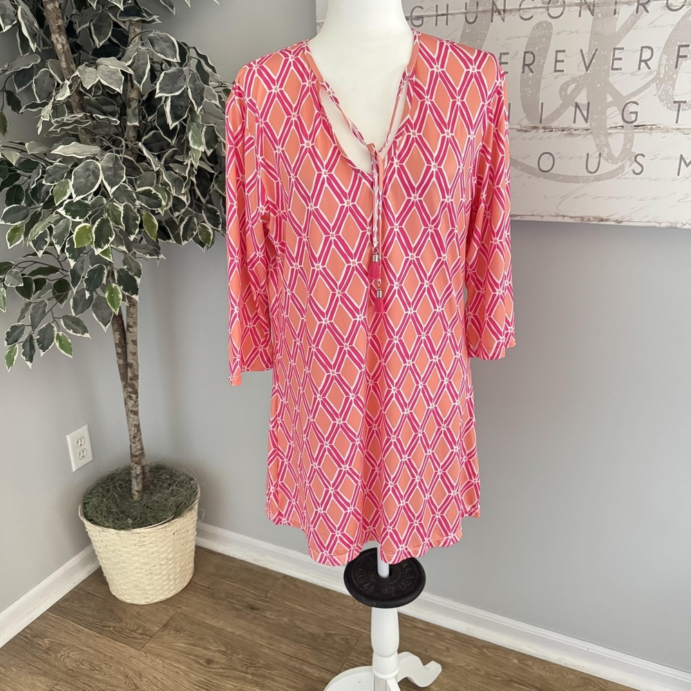Viv&Lou Dress Women S Pink Geometric 3/4 Sleeve V Neck‎ Shift Tunic Stretch Boho